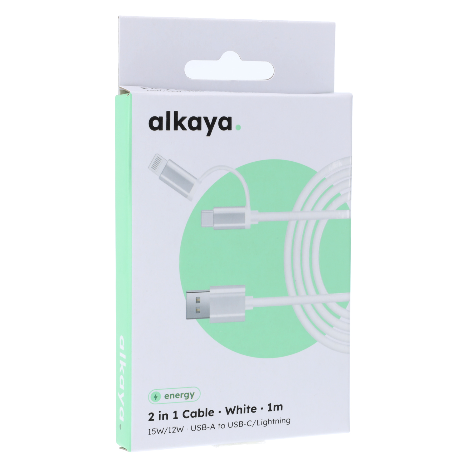 alkaya. | Speed Flex 2 in 1 Data Cable High Gloss Universal Compatible USB-A to USB-C + Lightning | 1m | 15W/12W, White