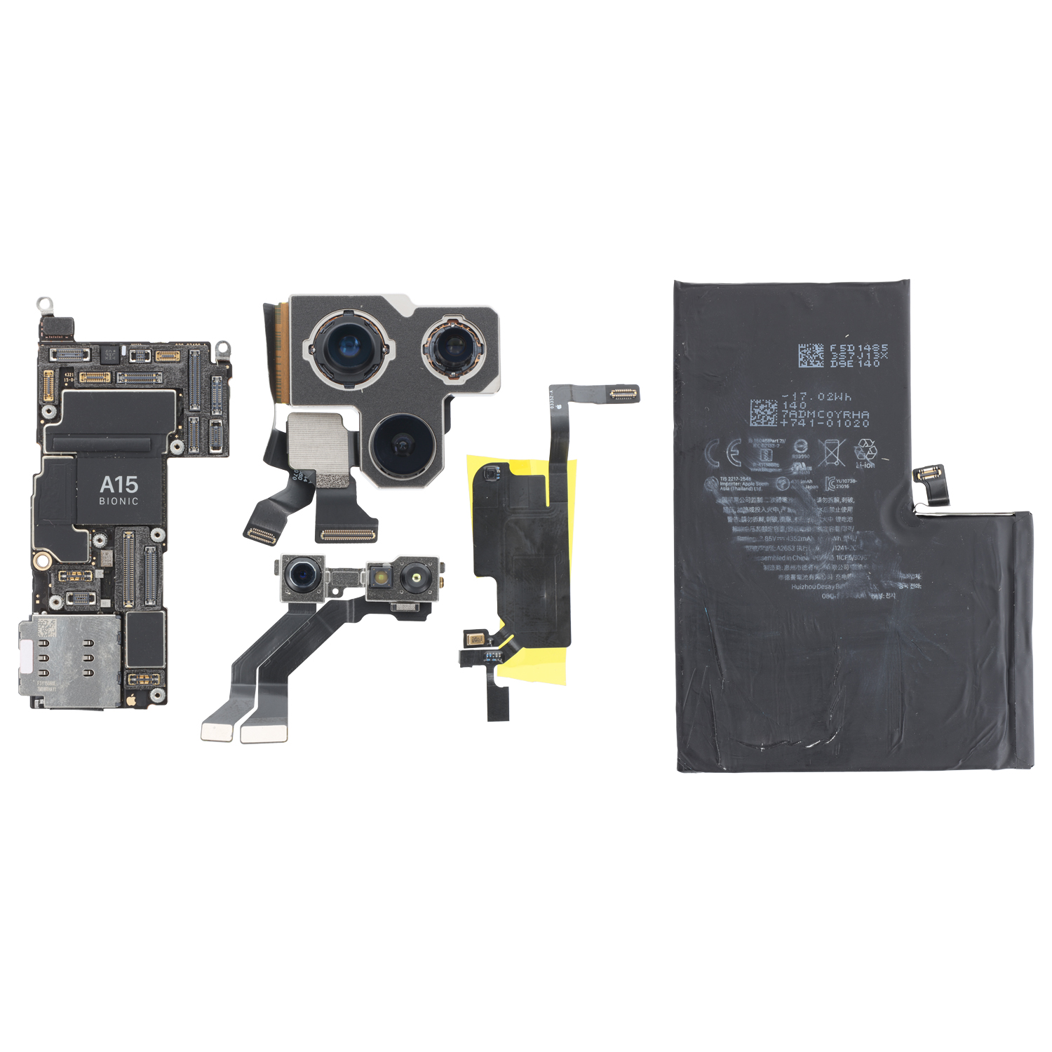 Mainboard,Front-/Hauptkamera, Näherungsensor Flex und Akku100%) Set für  iPhone 13 Pro Max A2643 Pulled