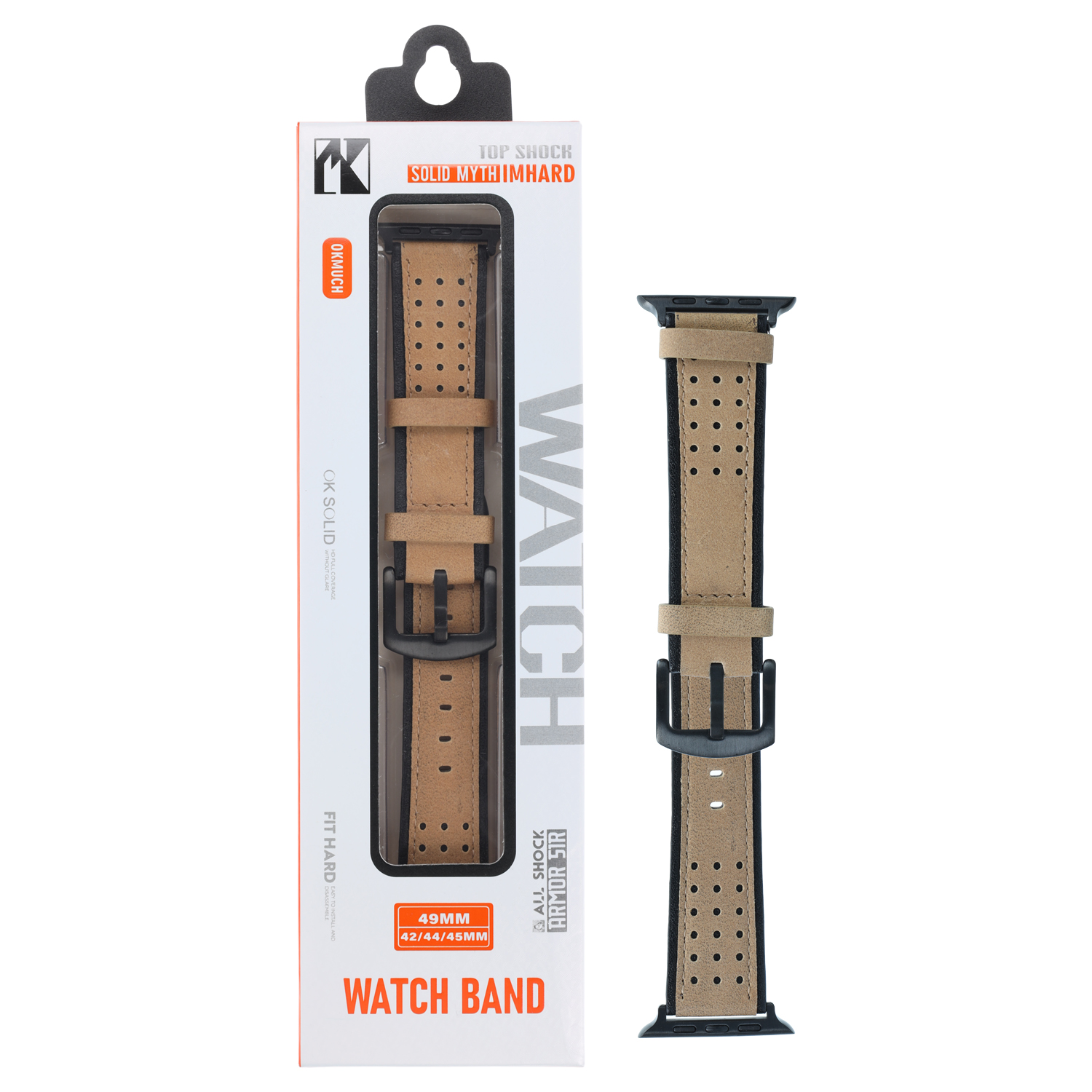 PT line Armband kompatibel mit Apple Watch 49/45/44/42mm, Kunstleder Lochmuster, Beige/Schwarz