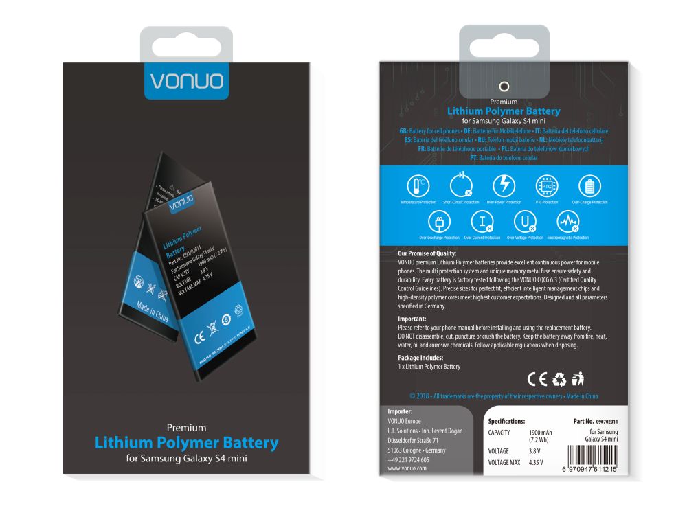 Vonuo Battery for Samsung Galaxy S4 mini GT-I9190, Blister as EB-B500BEBECWW